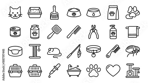 Cat care and grooming icons set. Vector line symbols of pet supplies. Minimal monoline outline style. Feline food health hygiene accessories. Kitten veterinary equipment collection.