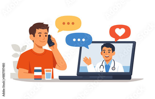 Young caucasian male telehealth consultation with asian male doctor on laptop