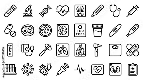Medical diagnostics and lab tests icon set. Vector outline symbols of healthcare, hospital, clinic, laboratory research. Medicine, analysis, science, biology. Linear style collection.
