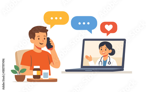 Male teen talking to female asian doctor online for medical consultation