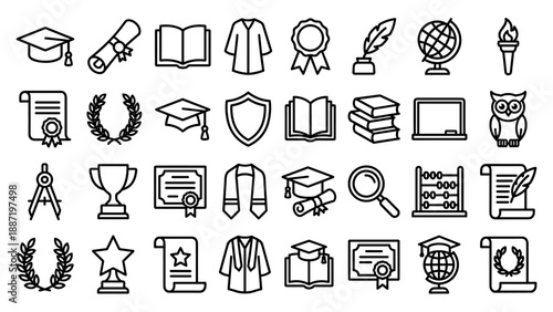 Graduation academic awards icon set. Education achievement symbols. Certificate diploma trophy medal cap gown book globe owl. School university success outline vector