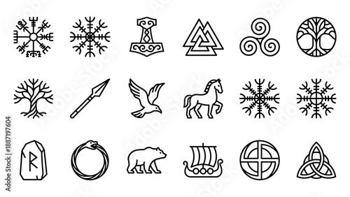 Set of 16 Viking Norse mythology symbol line icons, minimalist outline pack with Vegvisir, Valknut, Mjolnir, Yggdrasil, runes, longship, triquetra, black