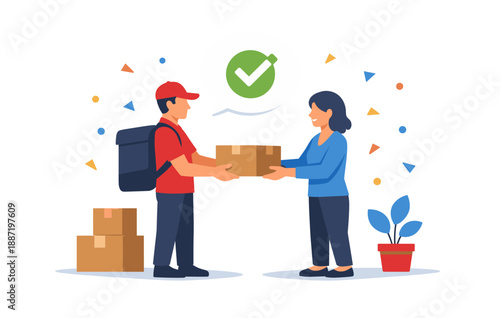 Delivery exchange between male courier and female customer with package