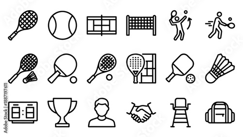 Tennis racket sport line icons set. Badminton ping pong equipment. Ball net court player trophy. Athletic recreation game symbol. Minimalist outline stroke style collection