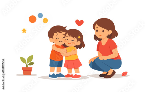 Caucasian children hugging with smiling adult woman nearby