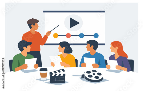 Diverse group collaborating on multimedia presentation with film elements