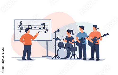 Music lesson with young band learning instruments together