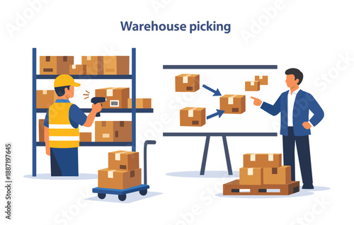 Warehouse operations: male workers organizing and scanning boxes in storage facility