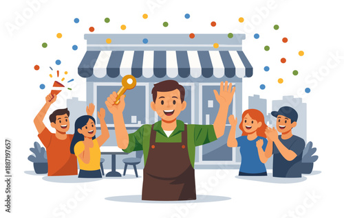 Happy shop owner celebrating store opening with diverse friends