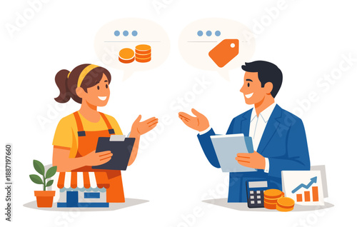 Male and female business interaction with market exchange concept