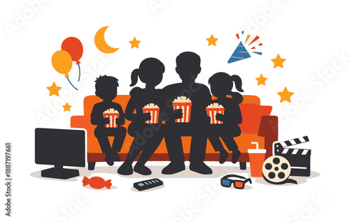 Family movie night celebration with popcorn and decorations