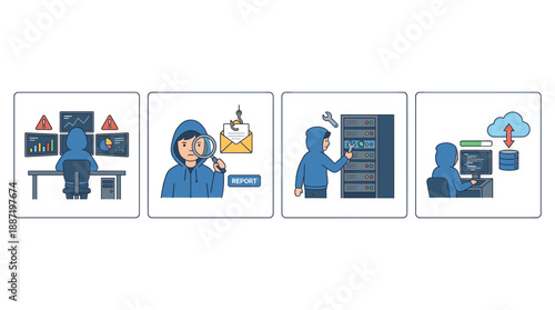 Cybersecurity incident response team vector set. SOC analyst monitoring security threats. Phishing report investigation. Server maintenance repair. Cloud database management
