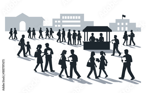 Silhouette of diverse people walking in cityscape with vendors