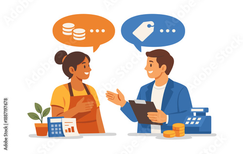 Friendly retail interaction between hispanic female employee and caucasian male customer