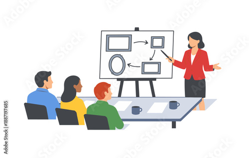 Asian female presenter leading business meeting with diverse team at office