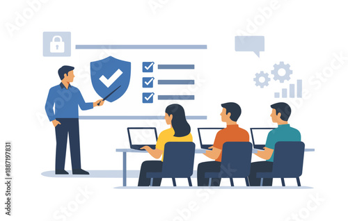 Male instructor teaching security to diverse adults in classroom setting