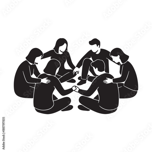 Vector illustration of diverse people sitting in a circle holding hands