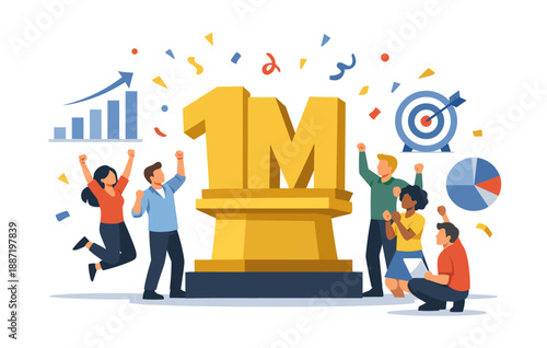 Diverse group celebrating one million milestone with trophy and graphs