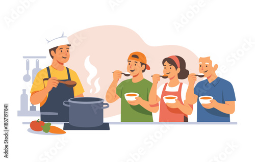 Chef cooking soup as diverse group of people taste and enjoy in kitchen