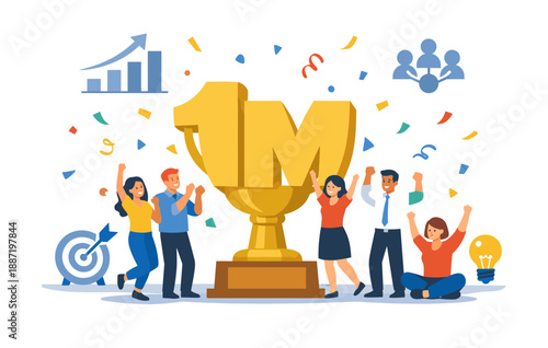 Diverse team celebrating achievement of one million milestone with trophy and confetti