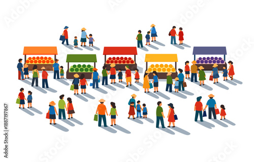 Colorful outdoor market with diverse people visiting various fruit stalls