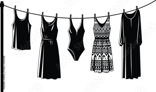 Clothes hanging on a laundry line silhouettes with dresses and garments, everyday household washing and drying concept in clean black vector style isolated on white background