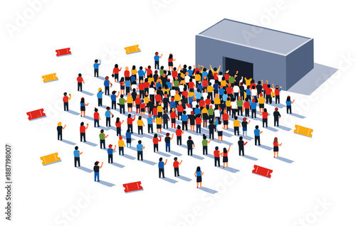 Diverse crowd gathering outside building for event entry