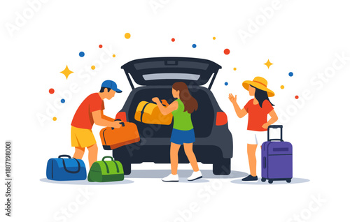 Family packing car for vacation trip with luggage and celebratory confetti