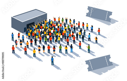 Large crowd gathering at event entrance with tickets and diverse individuals