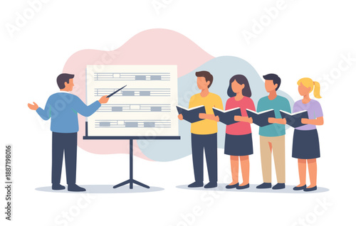 Diverse adult choir rehearsing with conductor pointing at sheet music on stand
