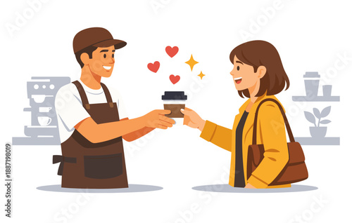 Barista and customer interaction in coffee shop with smiling exchange