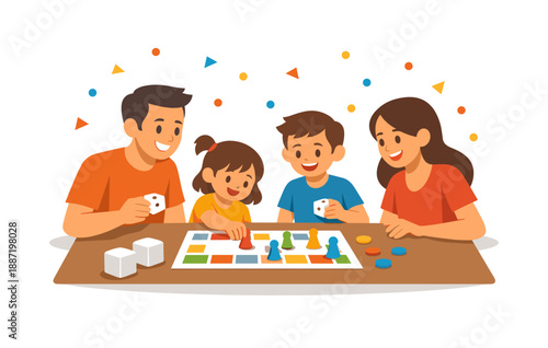 Happy family playing board game with parents and children laughing together