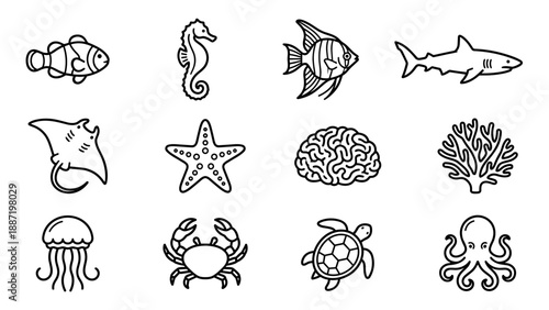 Outline icon set of ocean marine life animals and coral, minimalist vector illustration of fish, seahorse, shark, turtle, jellyfish, crab, starfish, ray and octopus arranged in clean grid design