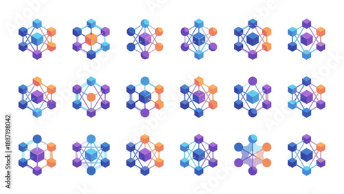 Futuristic neural network icon set. Artificial intelligence nodes. Machine learning structure. Isometric 3D technology design. Data connections. Blockchain and digital grid visualization concept.