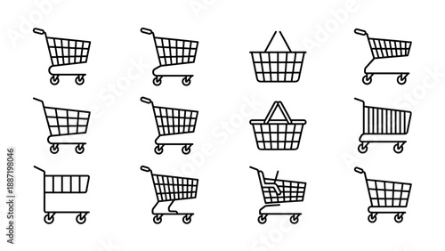 Vector icon set of shopping carts and baskets. Minimalist line art style. Collection of trolley and basket icons for e-commerce, retail, supermarket, and online shopping interface design elements.