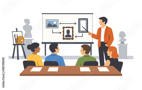 Art class lecture with diverse adult students and instructor explaining creative concepts