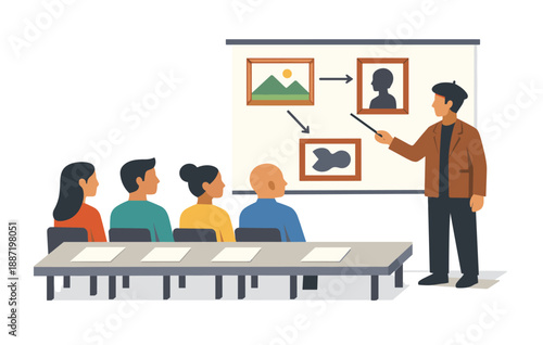 Art instructor teaching diverse audience with presentation slides