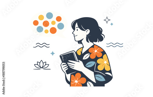 Asian female young adult reading book with floral shirt and abstract dots