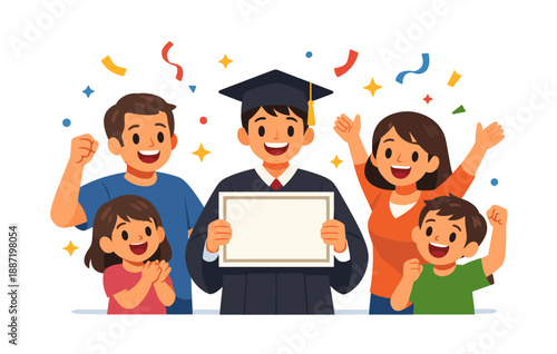 Happy family celebrating young asian male graduate holding diploma