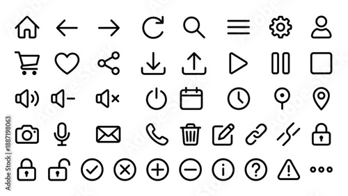 Minimalist vector icon set of universal user interface symbols in line art style, collection of outline web and mobile app buttons and controls, modern design pictograms arranged in grid layout