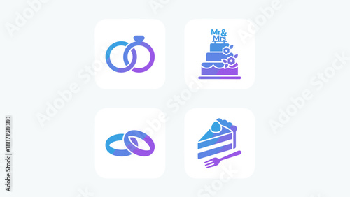 Modern gradient wedding icon set with rings and cake symbols, marriage celebration design elements in grid layout, minimal clean white background, vector illustration for invitations and decorations