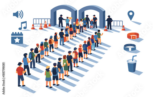 Crowd of diverse people queuing at event entrance with icons representing ticket and security items