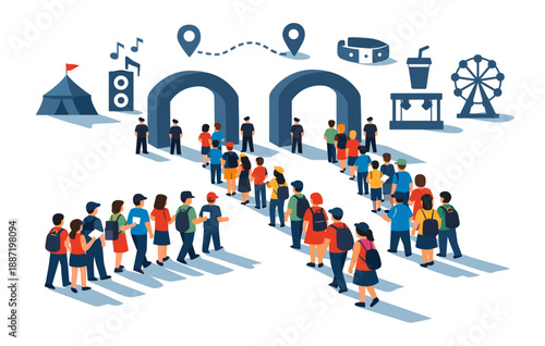 People queuing at event entrance with maps and festival icons