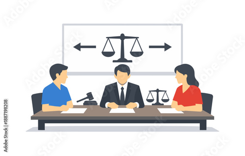 Legal discussion with diverse professionals and justice symbol