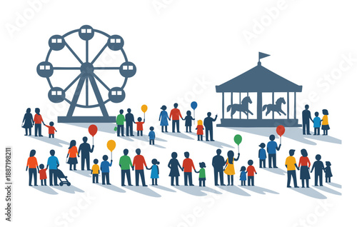Colorful crowd enjoying carnival with ferris wheel and carousel attractions