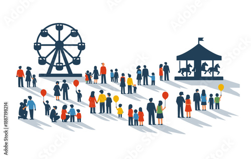 Colorful amusement park crowd with ferris wheel and carousel scene