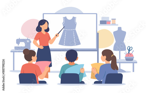 Female designer teaching sewing to diverse young adults in classroom workshop