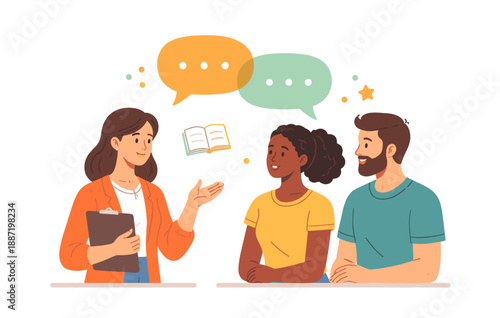 Diverse group discussion: young female speaker engages caucasian male and african female adults