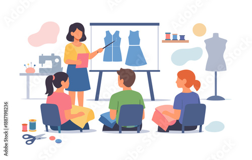 Female asian instructor teaching fashion design to young adults in classroom