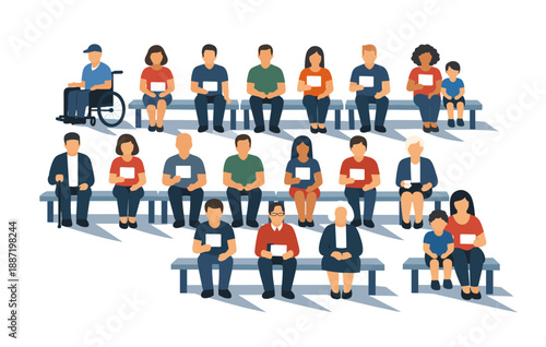 Diverse group of adults and children sitting with books on benches